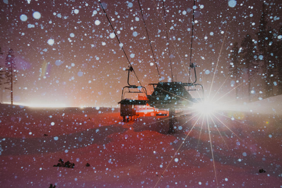 In this photo provided by the Mammoth Mountain Ski Area, fresh snow surrounds the Mammoth Mountain ski lift area in Mammoth Lakes, Calif., on Monday, Dec. 13, 2021. Forecasters say the state's highest peaks could get as much as 8 feet of snow while lower elevations across California are in for a serious drenching of rain. The storm is expected to last days before moving out, but another storm is on the way. Forecasters warned people in mountainous areas to prepare for days of snowfall and possible road closures. (Peter Morning/Mammoth Mountain Ski Area via AP)