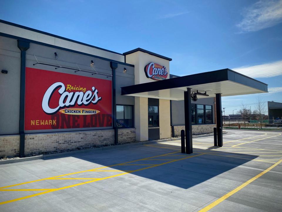 The drive-thru at Raising Cane's in The Grove at Newark along Library Avenue on Thursday, March 16, 2023. Raising Cane's is scheduled to open in mid-to-late April.