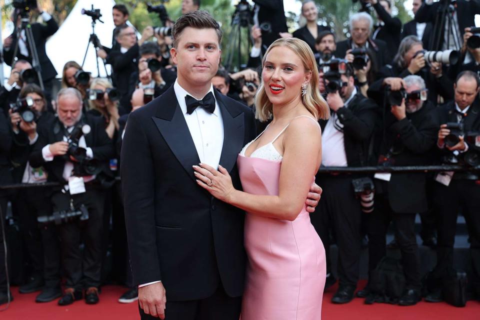 <p>Vittorio Zunino Celotto/Getty</p> olin Jost and Scarlett Johansson attend the "Asteroid City" red carpet during the 76th annual Cannes film festival 