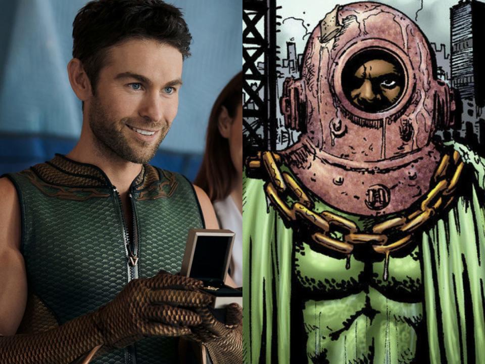 On the left: Chace Crawford as The Deep in season three of "The Boys." On the right: The Deep in the comics.