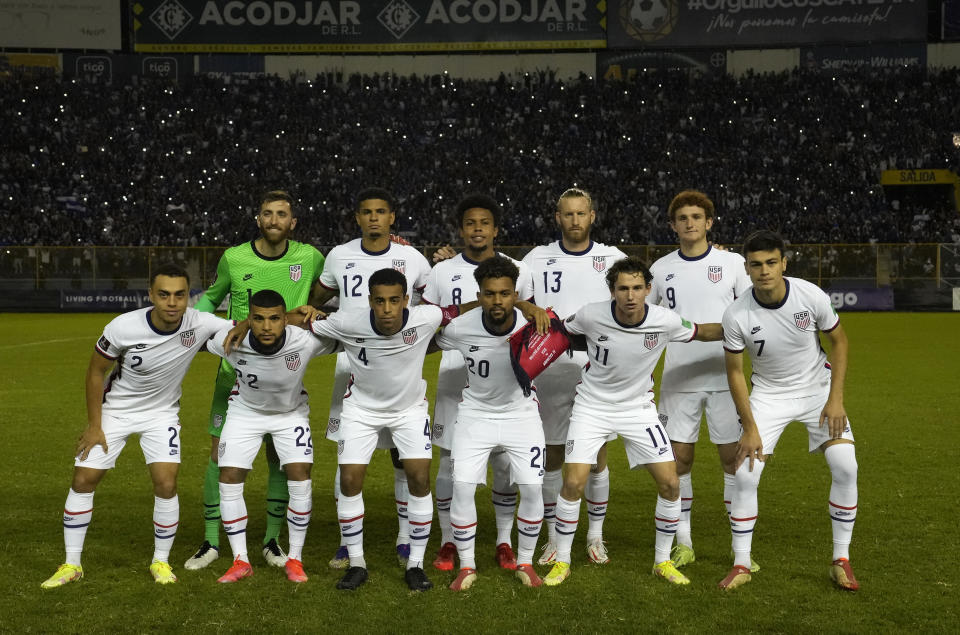 United States' starting players pose for a photo prior a qualifying soccer match against El Salvador for the FIFA World Cup Qatar 2022 at Cuscatlan stadium in San Salvador, El Salvador, Thursday, Sept. 2, 2021. (AP Photo/Moises Castillo)