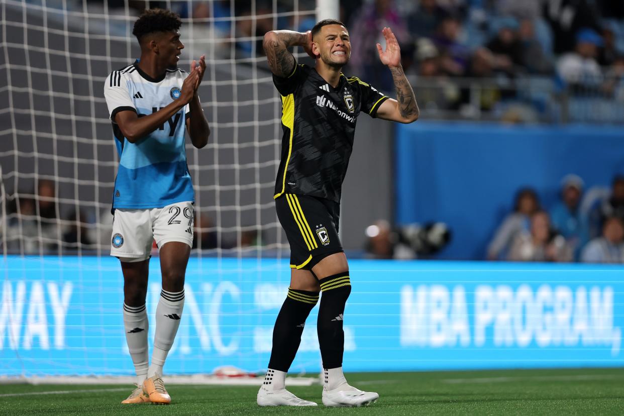 Mar 23, 2024; Charlotte, North Carolina, USA; Columbus Crew forward Christian Ramirez (17) reacts in the first half against Charlotte FC at Bank of America Stadium. Mandatory Credit: Cory Knowlton-USA TODAY Sports