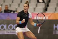 Maria Sakkari, of Greece, reacts during her match against Jessica Pegula in the WTA Finals tennis tournament in Fort Worth, Texas, Monday, Oct. 31, 2022. (AP Photo/Tim Heitman)