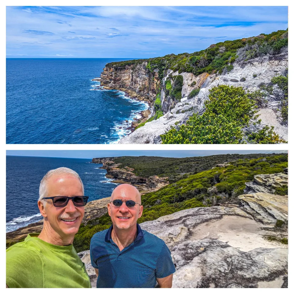 Two pictures showing the dramatic coast of the Royal National Park. The second shows Brent and Michael standing on an overlook.
