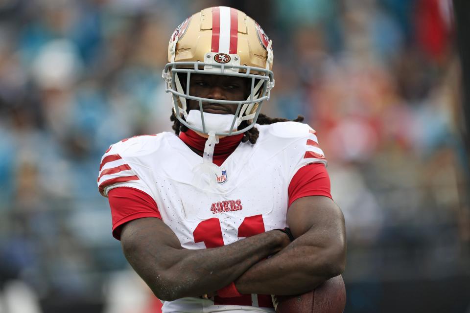 San Francisco wide receiver Brandon Aiyuk celebrates a touchdown.