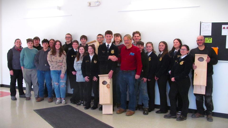 Members of CBNA FFA with James Cropsey of Ducks Unlimited collaborated with the CBNA’s construction classes to build Wood Duck boxes for distribution in local communities.