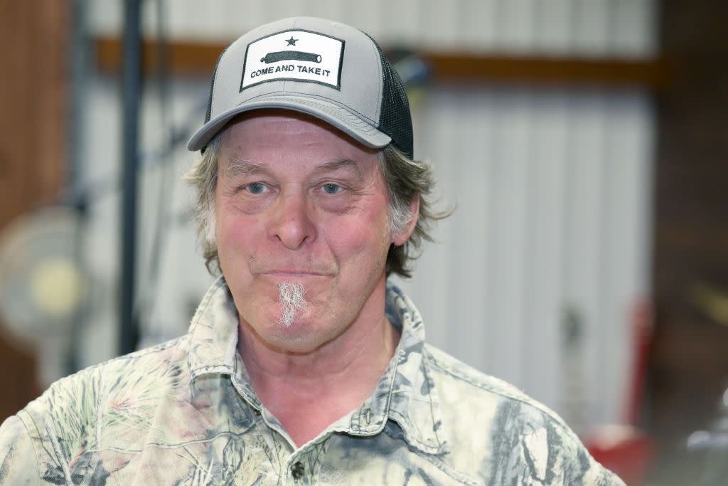 Ted Nugent speaks to attendees of the VIP preview of &#39;The Ted Nugent Guns, Guitars &amp; Hot Rod Cars&#39; auction presented by Burley Auction House at Tucker Hall on March 26, 2021 in Waco, Texas.