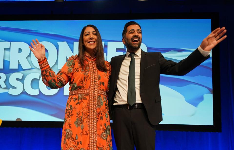 First Minister Humza Yousaf with his wife Nadia El-Nakla at the SNP conference on 17 October. (PA)