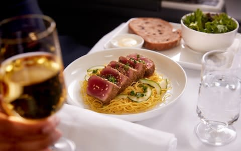 A meal served on board a Qantas Airways business class flight - Credit: Qantas Airways