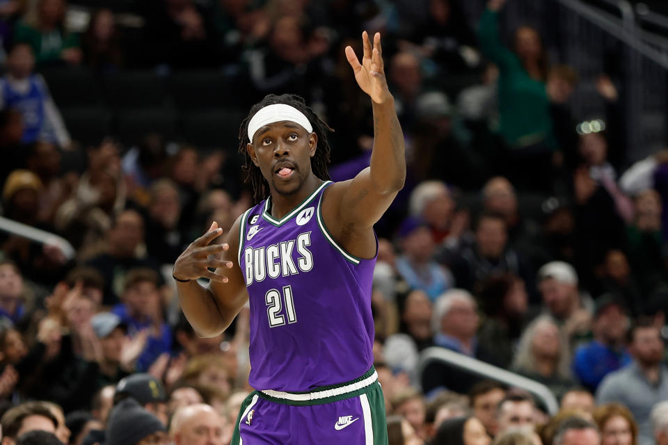 MILWAUKEE, WISCONSIN - FEBRUARY 24: Jrue Holiday #21 of the Milwaukee Bucks reacts after hitting a three-point shot during the second half of the game against the Miami Heat at Fiserv Forum on February 24, 2023 in Milwaukee, Wisconsin. NOTE TO USER: User expressly acknowledges and agrees that, by downloading and or using this photograph, User is consenting to the terms and conditions of the Getty Images License Agreement. (Photo by John Fisher/Getty Images)