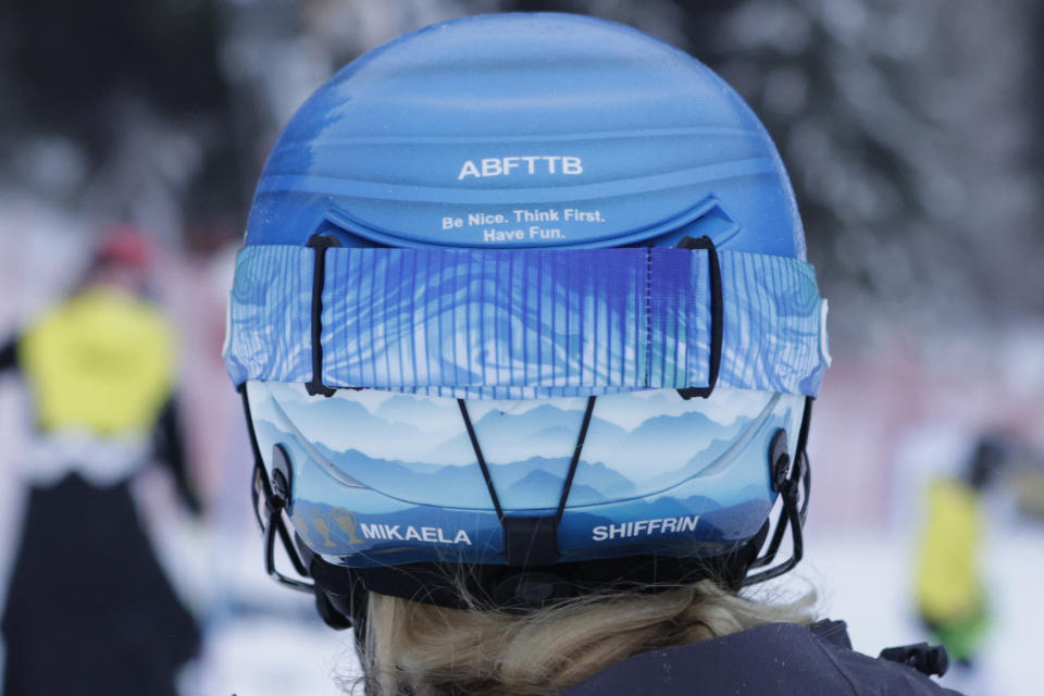 United States' Mikaela Shiffrin helmet prior to an alpine ski, women's World Cup slalom, in Spindleruv Mlyn, Czech Republic, Saturday, Jan. 28, 2023. (AP Photo/Giovanni Maria Pizzato)