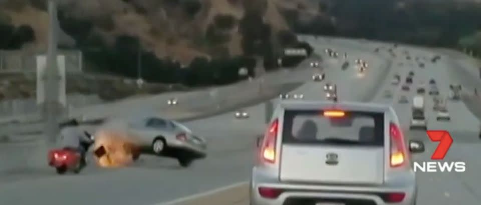 In Los Angeles a motorbike rider kicked a car door, setting off a chain of accidents. Source: 7 News