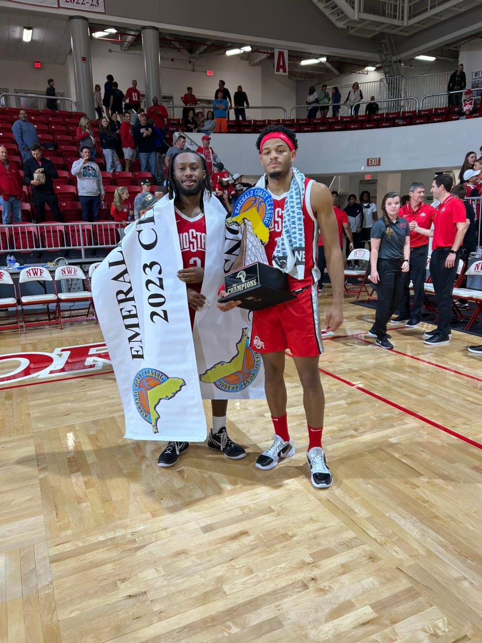 Ohio State's Bruce Thornton (left) and Roddy Gayle after helping the Buckeyes win the 2023 Emerald Coast Classic championship in Niceville, Florida. The Buckeyes beat Santa Clara in the title game at Raider Arena on Nov. 26, 2023.