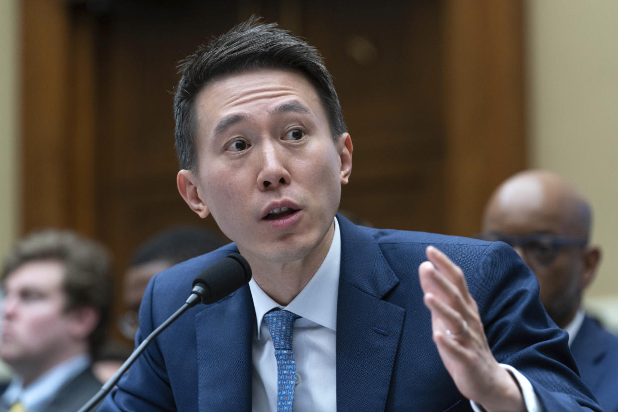 FILE - TikTok CEO Shou Zi Chew testifies during a hearing of the House Energy and Commerce Committee, on the platform's consumer privacy and data security practices and impact on children, Thursday, March 23, 2023, on Capitol Hill in Washington. Recent moves by President Joe Biden to pressure TikTok over its Chinese ownership and approve oil drilling in an untapped area of Alaska are testing the loyalty of young voters, a group that’s been largely in his corner. (AP Photo/Jose Luis Magana, File)