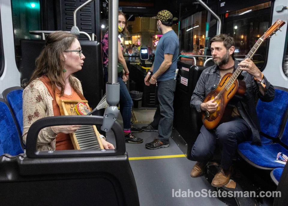 Boise band Hillfolk Noir performs on the special Treeline bus route to different festival venues in 2022.