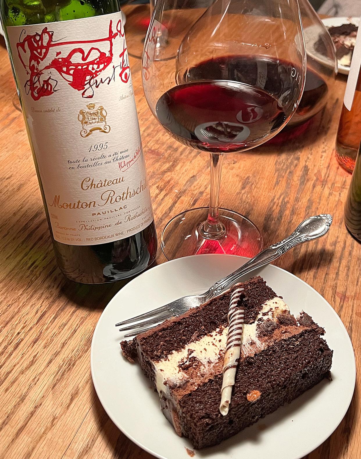 A glass of 1995 Chateau Mouton Rothschild was the perfect wine to enjoy with good friends and a slice of chocolate cake from Costco.