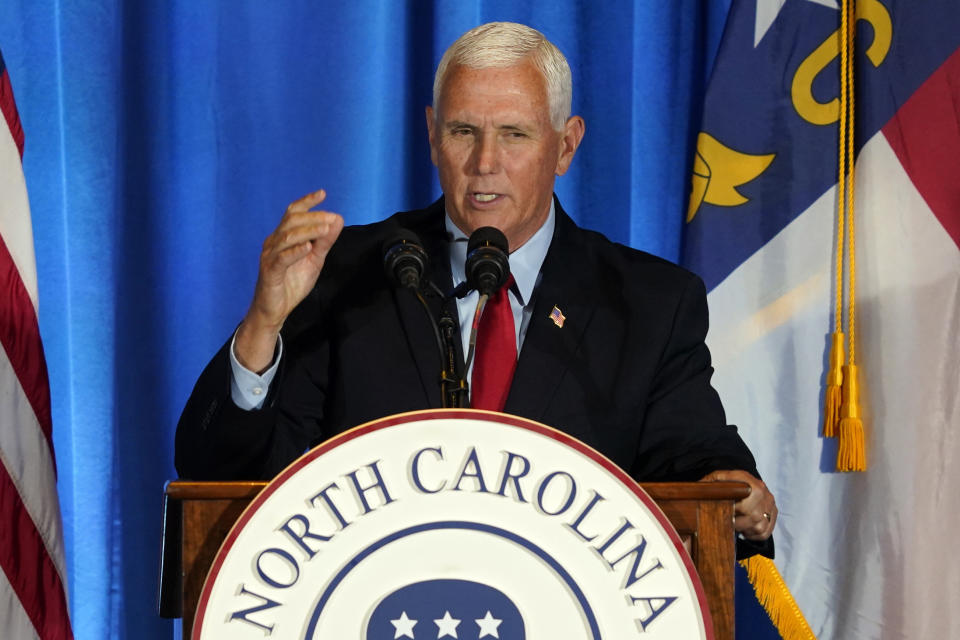 FILE - Republican presidential candidate former Vice President Mike Pence speaks during the North Carolina Republican Party Convention in Greensboro, N.C., Saturday, June 10, 2023. (AP Photo/Chuck Burton, File)