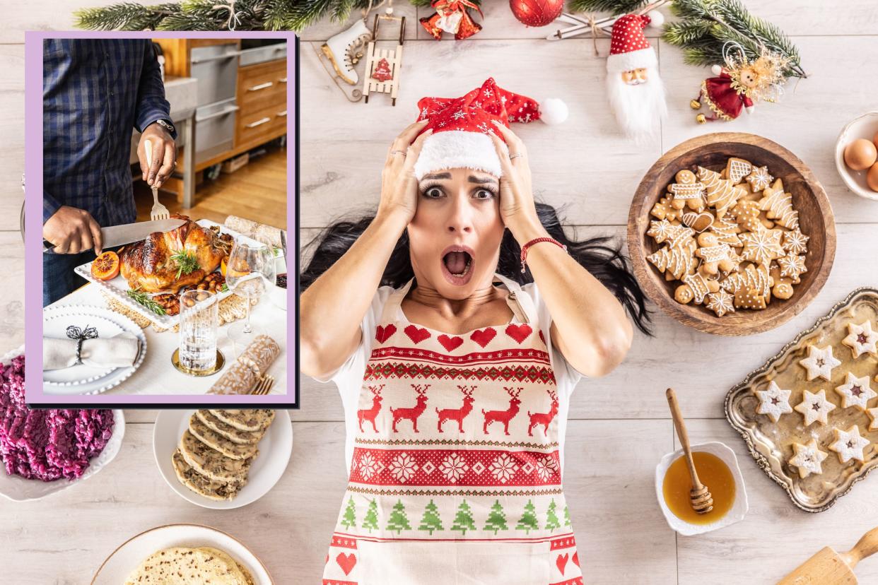  Man carving turkey as drop in on main image of woman holding head in hands laid on floor surrounded by Christmas food. 