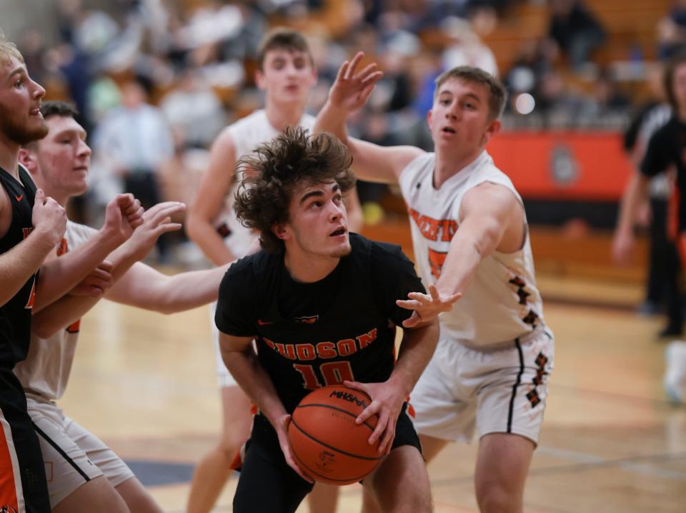 Hudson's Ambrose Horwath looks for a shot inside Tuesday night during a 65-37 win over Summerfield.