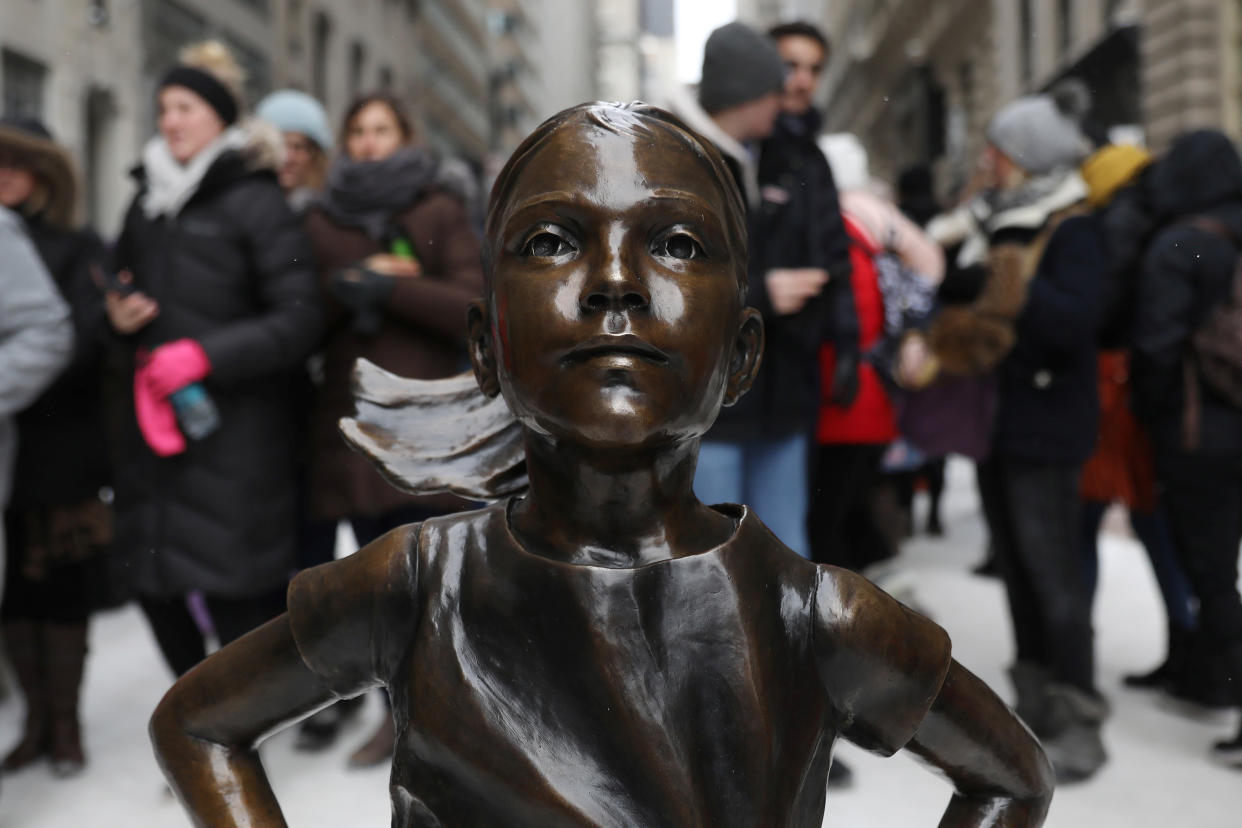 The 'Fearless Girl' statue which stands in front of Wall Street's Charging Bull statue is seen in New York, U.S., March 15, 2017. REUTERS/Shannon Stapleton