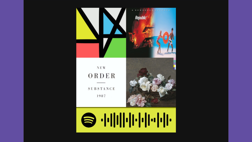 Spotify code showing a compilation of album covers by British band New Order