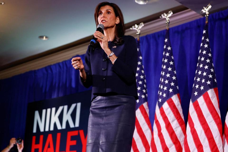 PHOTO: Republican presidential candidate and former U.S. Ambassador to the United Nations Nikki Haley speaks at an event for the DC Republican Party in Washington, D.C., March 1, 2024.  (Evelyn Hockstein/Reuters)