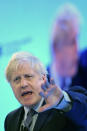 Britain's Prime Minister Boris Johnson speaking at the Confederation of British Industry (CBI) annual conference in London, Monday Nov. 18, 2019. Britain's Brexit is one of the main issues for political parties and for voters, as the UK goes to the polls in a General Election on Dec. 12. (Stefan Rousseau/PA via AP)