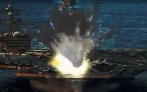 A screenshot of the North Korean video showing the US carrier being blown up 