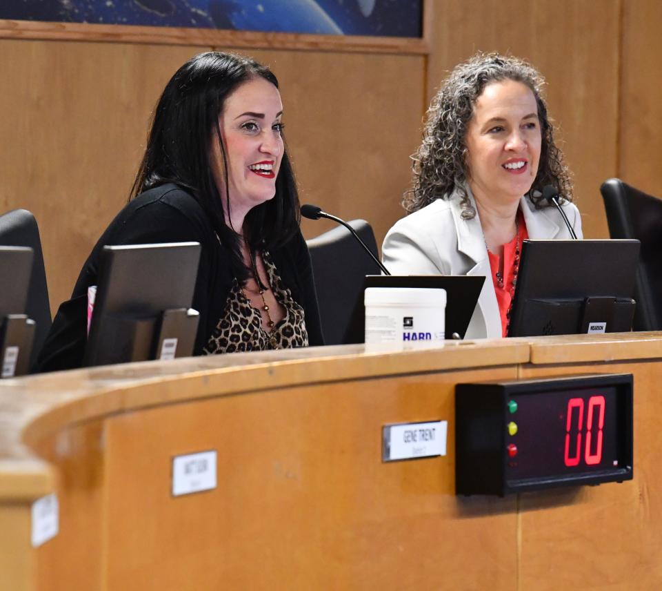 Megan Wright and Katye Campbell are pictured at the Feb. 27 Brevard school board meeting. Campbell attempted to clarify policy changes at the March 12 board meeting.