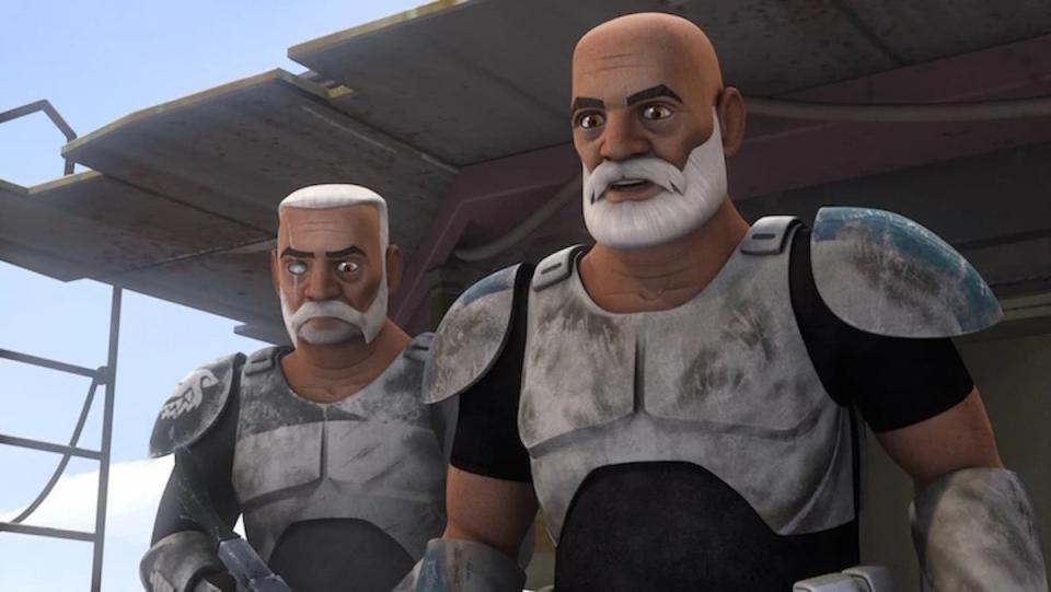Former older clone troopers the bald bearded Captain Rex and the mustachioed Wolffe on Star Wars Rebels