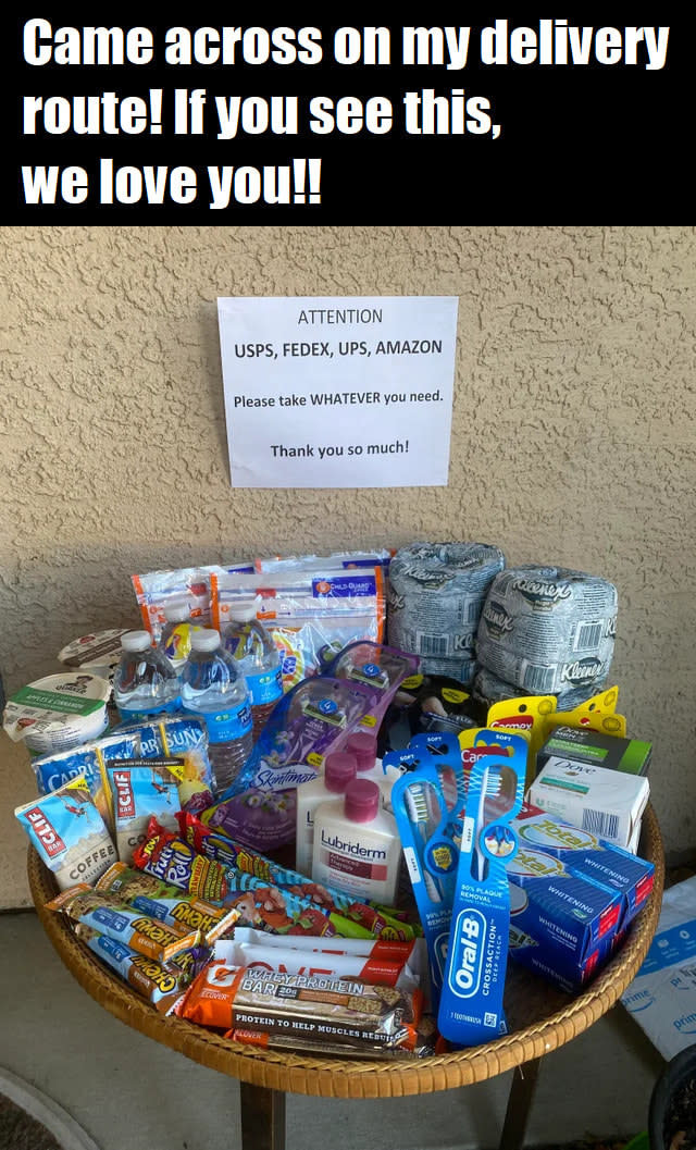 table full of goodies for USPS workers