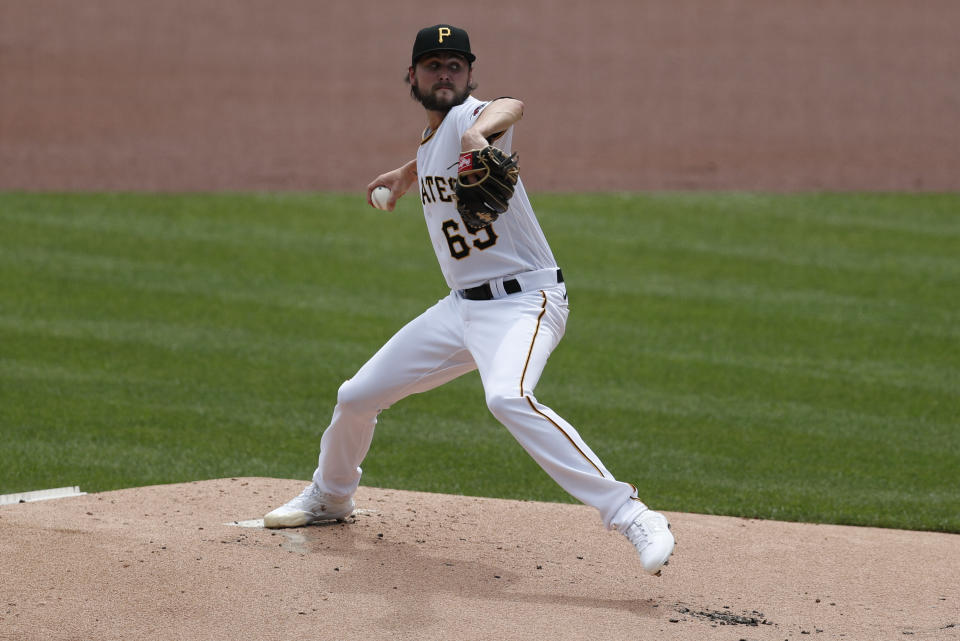 Pittsburgh Pirates starter JT Brubaker pitches against the Minnesota Twins in the first inning of a baseball game, Thursday, Aug. 6, 2020, in Pittsburgh. (AP Photo/Keith Srakocic)