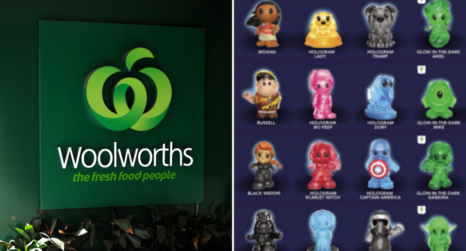 Generic photo of the Woolworths logo and a few of the Disney+ Ooshies Woolworths had for people to collect