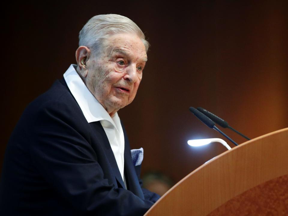 FILE PHOTO: Billionaire investor George Soros speaks to the audience at the Schumpeter Award in Vienna, Austria June 21, 2019. REUTERS/Lisi Niesner