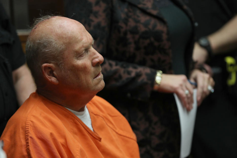 SACRAMENTO, CA - APRIL 27:  Joseph James DeAngelo, the suspected "Golden State Killer", appears in court for his arraignment on April 27, 2018 in Sacramento, California. DeAngelo, a 72-year-old former police officer, is believed to be the East Area Rapist who killed at least 12 people, raped over 45 women and burglarized hundreds of homes throughout California in the 1970s and 1980s.  (Photo by Justin Sullivan/Getty Images)