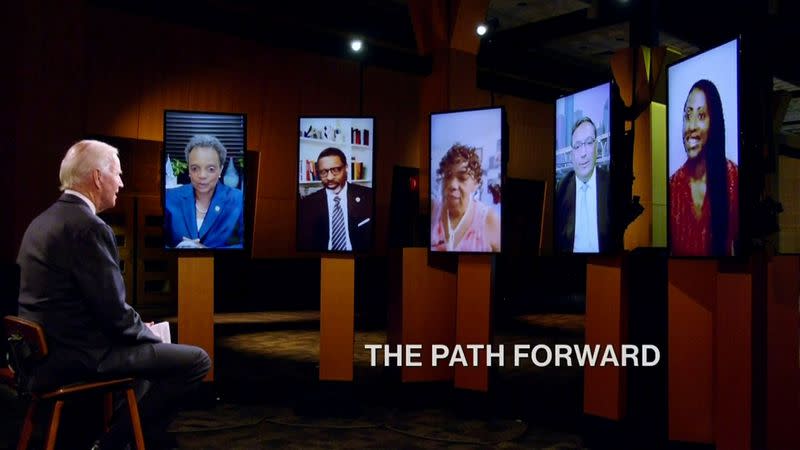 Democratic presidential candidate and former Vice President Joe Biden appears by video feed at start of the all virtual 2020 Democratic Convention hosted from Milwaukee, Wisconsin