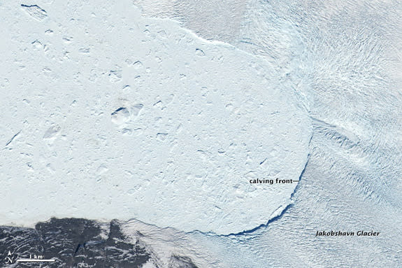 The Jakobshavn glacier seen on June 1, 2014, by Landsat 8. A comparison to the Landsat 8 image from May 9, 2014, shows massive ice loss from the calving front of the glacier.