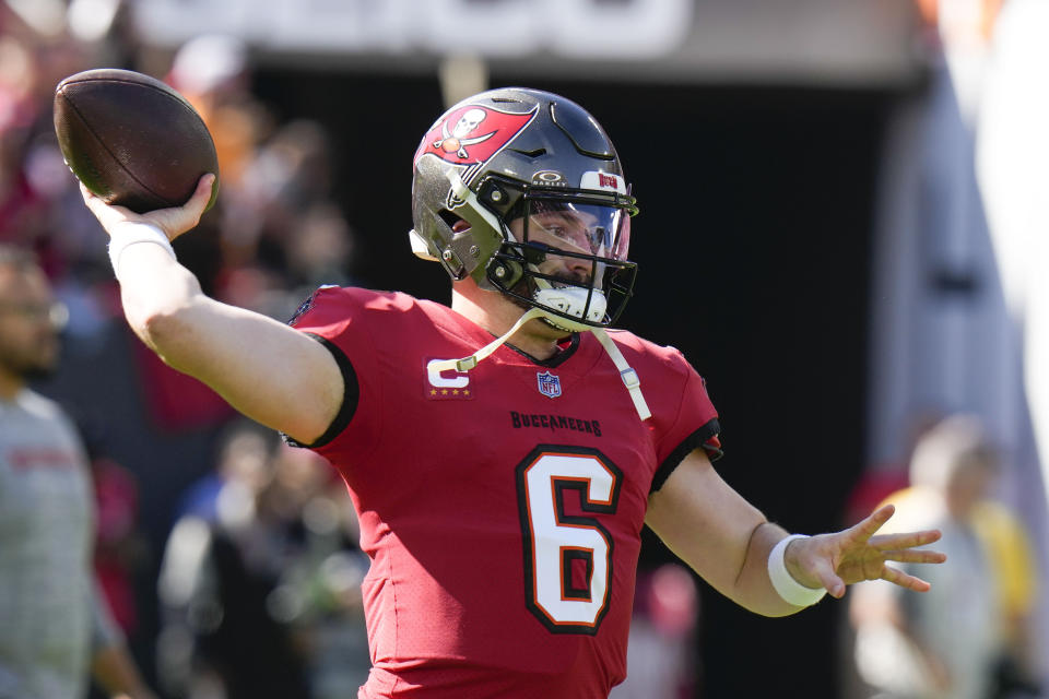 Tampa Bay Buccaneers quarterback Baker Mayfield (6) warms up before an NFL football game against the New Orleans Saints in Tampa, Fla., Sunday, Dec. 31, 2023. (AP Photo/Chris O'Meara)