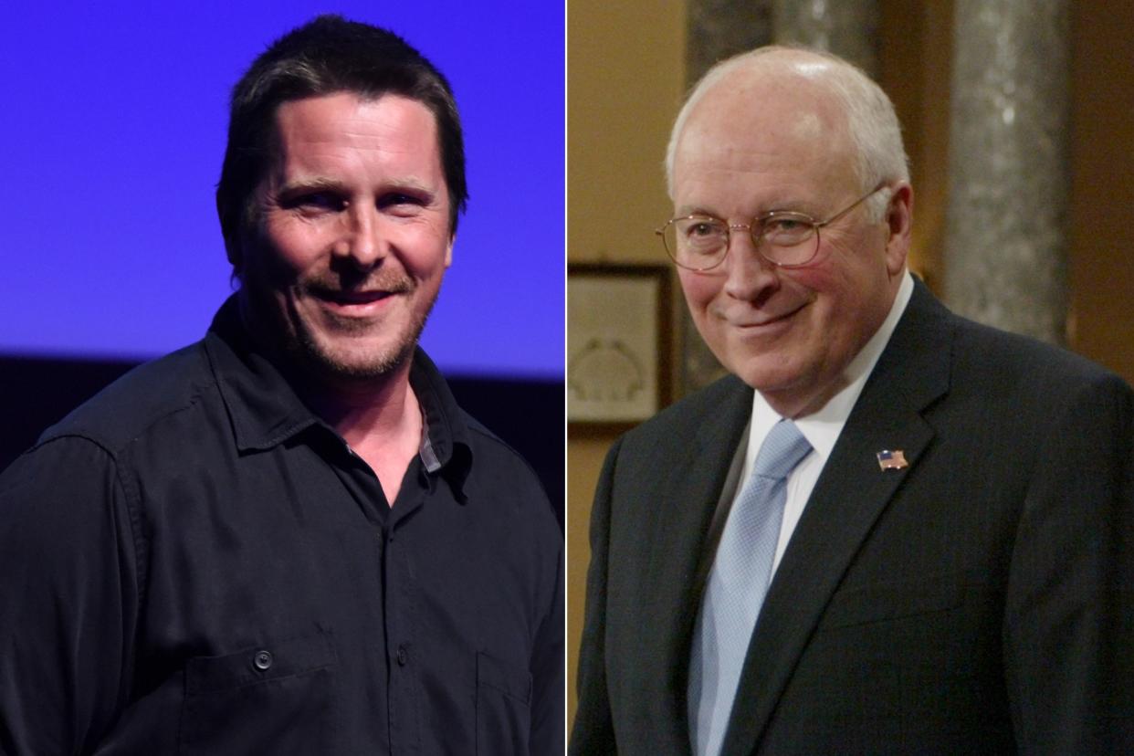 Christian Bale, left, almost unrecognisable as he prepares to shoot role as Dick Cheney (picture credit: Getty Images, WENN)