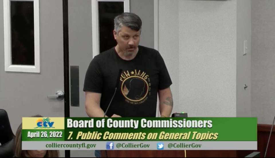 Christopher Worrell speaks during public comment at the Collier County Commissioner meeting on Tuesday, April 26, 2022.