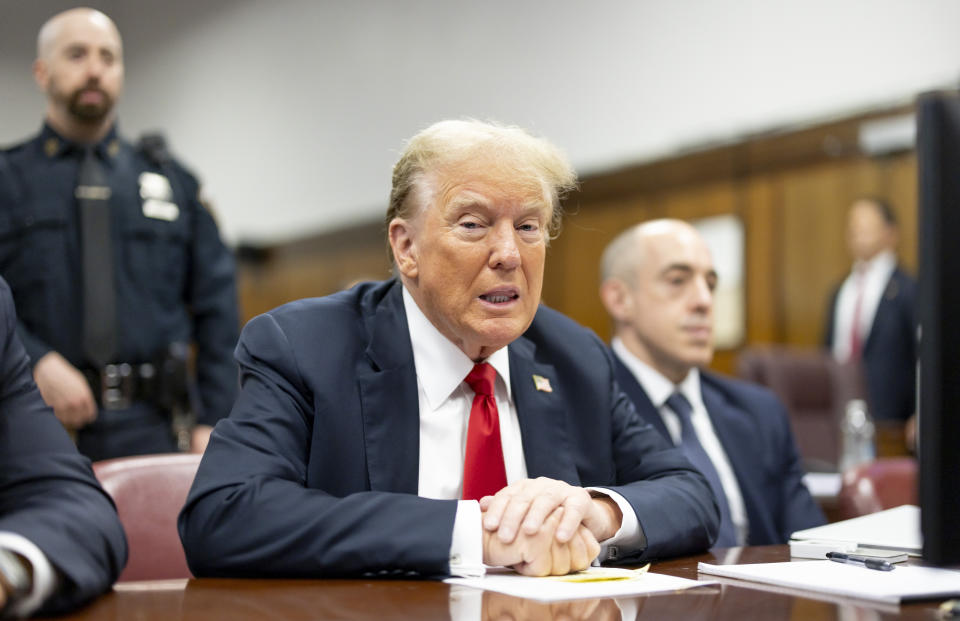Former President Donald Trump sits in Manhattan Criminal Court, Tuesday, May 28, 2024, in New York. (Justin Lane/Pool Photo via AP)