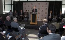 Milwaukee Bucks owner Herb Kohl speaks at a news conference after reaching a deal to sell the NBA basketball franchise to New York investment firm executives Marc Lasry and Wesley Edens Wednesday, April 16, 2014, in Milwaukee. The deal is subject to approval by the NBA and its Board of Governors. (AP Photo/Morry Gash)