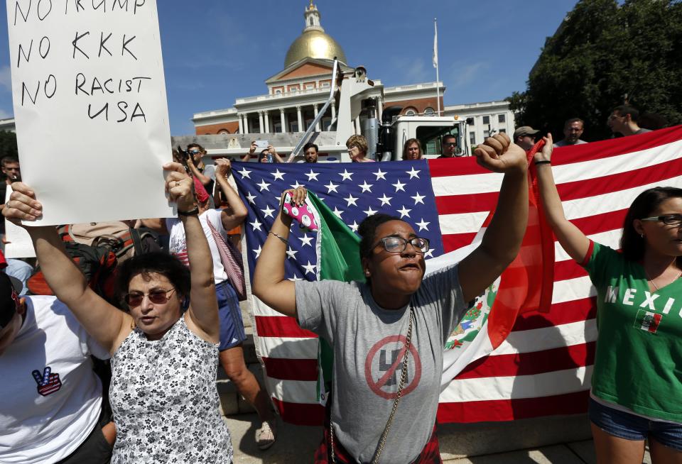 Counter-protesters at the Statehouse before a planned