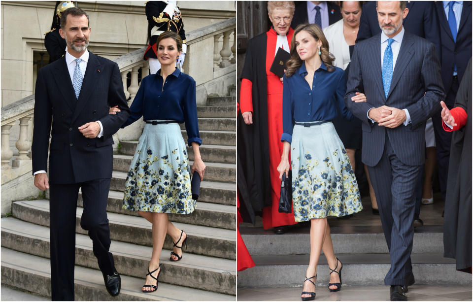 "Al igual que Kate Middleton, esta <em>royal</em> sabe que no hay nada de malo en repetir un look", reza el artículo. Aquí vemos a Letizia con el elegante conjunto de Carolina Herrera que lució en París en 2015 y, dos años después, en Londres. (Foto: Pascal Le Segretain / Samir Hussein / Getty Images)