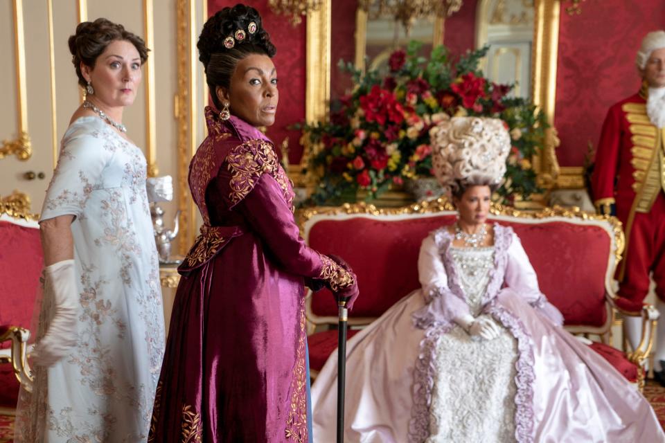 Ruth Gemmell as Lady Violet Bridgerton, Adjoa Andoh as Lady Danbury and Golda Rosheuvel as Queen Charlotte in "Bridgerton."