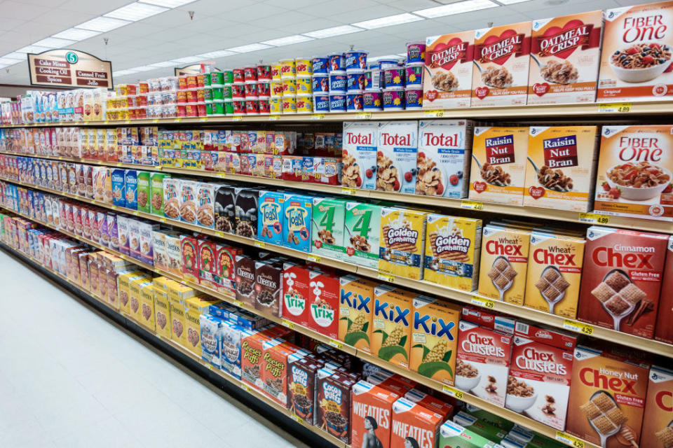 A cereal aisle at a market