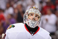 GLENDALE, AZ - APRIL 21: Goaltender Corey Crawford #50 of the Chicago Blackhawks looks up at the video board in Game Five of the Western Conference Quarterfinals against the Phoenix Coyotes during the 2012 NHL Stanley Cup Playoffs at Jobing.com Arena on April 21, 2012 in Glendale, Arizona. (Photo by Christian Petersen/Getty Images)