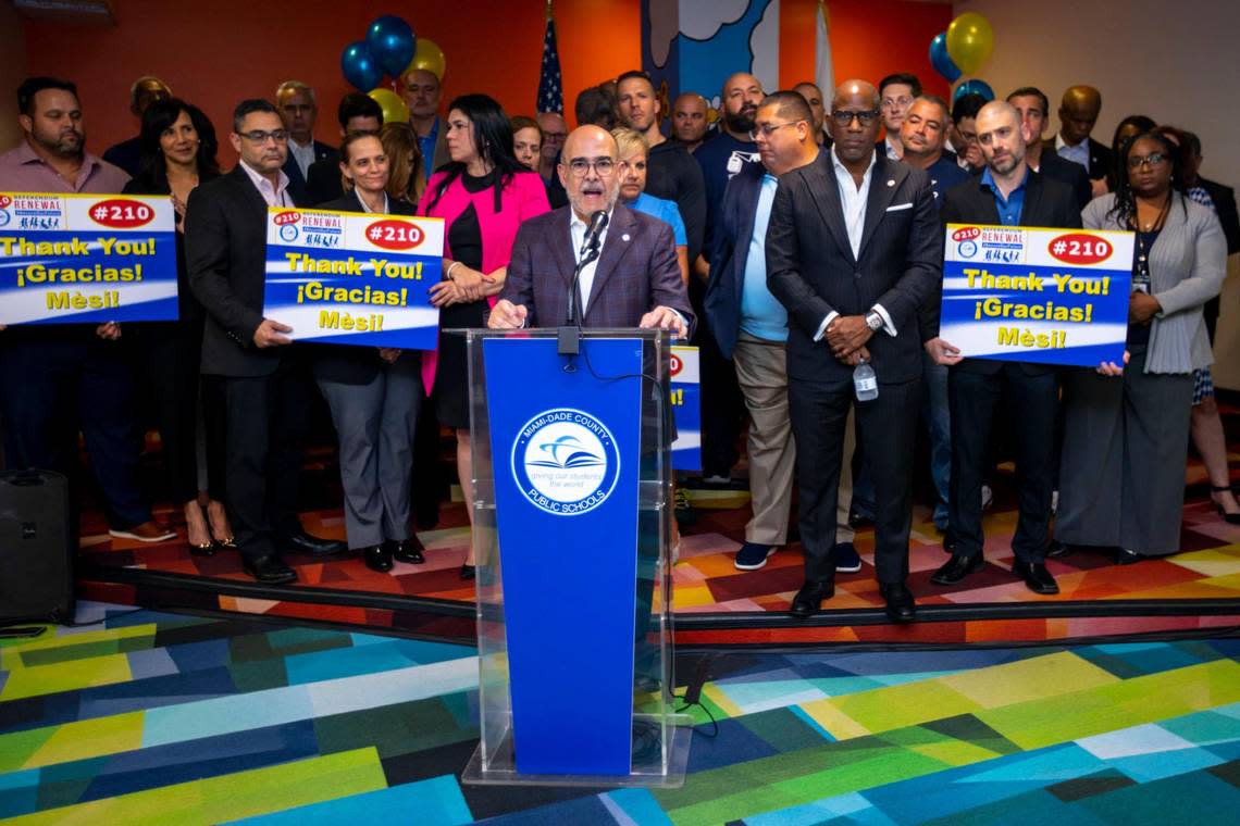 Superintendent of Miami-Dade County Public Schools Dr. Jose L. Dotres speaks to the media about the passing of Referendum 210 while surrounded by M-DCPS staff at iPrep Academy in Miami on Tuesday, November 8, 2022.