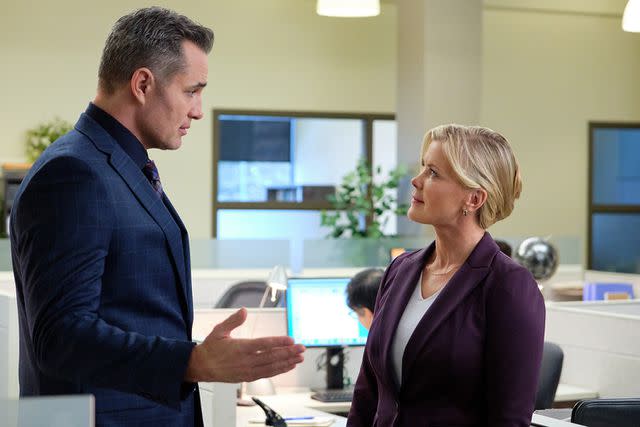 <p>Bettina Strauss/Hallmark Channel</p> Victor Webster and Alison Sweeney in 'One Bad Apple - A Hannah Swensen Mystery'