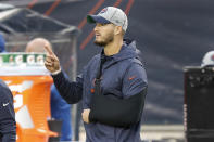 Chicago Bears quarterback Mitchell Trubisky is seen on the sidelines with his arm in a sling during the second half of an NFL football game against the Minnesota Vikings Sunday, Sept. 29, 2019, in Chicago. Trubisky was injured during the first quarter and left the game. (AP Photo/Charles Rex Arbogast)